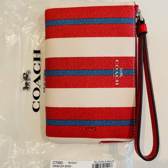 Coach Corner Zip Wristlet W/Stripe Print, red,coated canvas and recycled leather - Picture 5 of 9